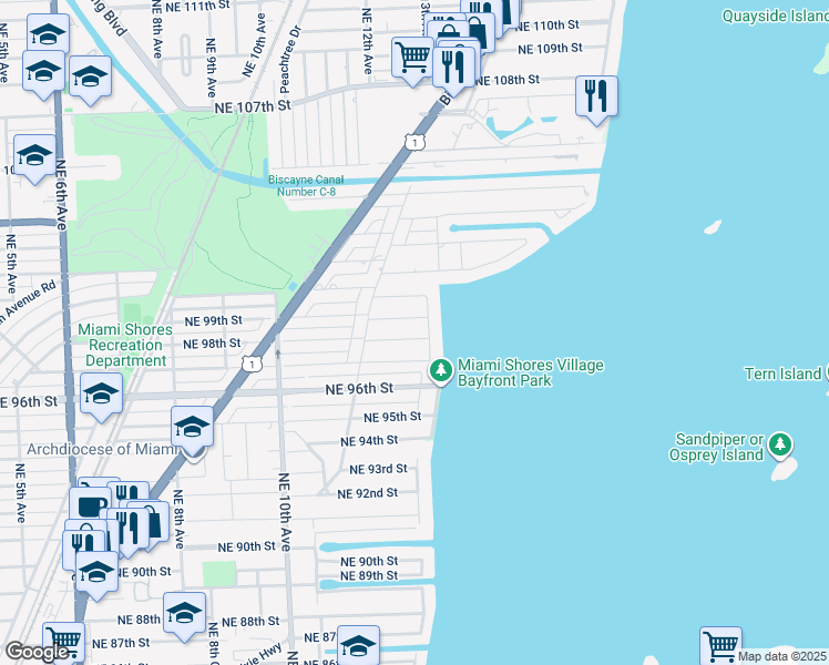 map of restaurants, bars, coffee shops, grocery stores, and more near 1279 Northeast 98th Street in Miami Shores