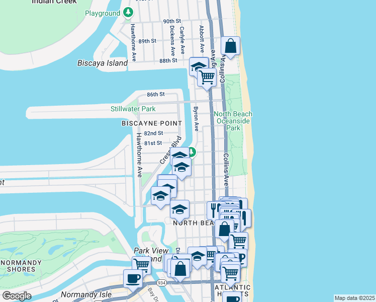 map of restaurants, bars, coffee shops, grocery stores, and more near 8080 Byron Avenue in Miami Beach