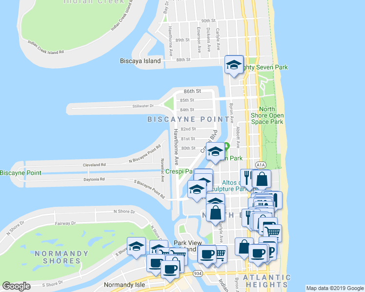 map of restaurants, bars, coffee shops, grocery stores, and more near in Miami Beach
