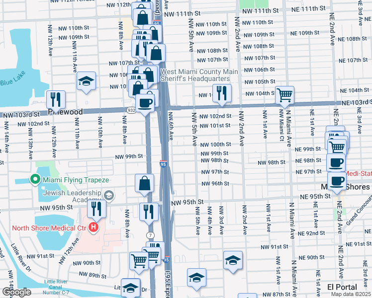 map of restaurants, bars, coffee shops, grocery stores, and more near 525 Northwest 99th Street in Miami