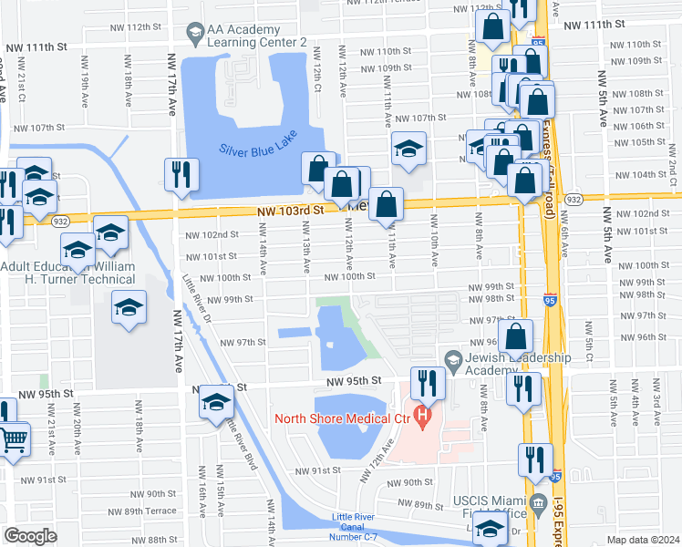 map of restaurants, bars, coffee shops, grocery stores, and more near 1217 Northwest 100th Street in Miami