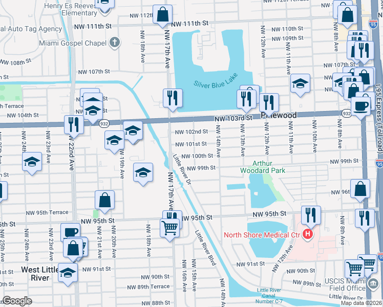 map of restaurants, bars, coffee shops, grocery stores, and more near 1517 Northwest 100th Street in Miami