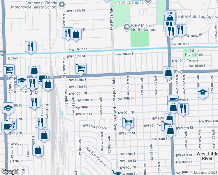 map of restaurants, bars, coffee shops, grocery stores, and more near 3232 Northwest 101st Street in Miami