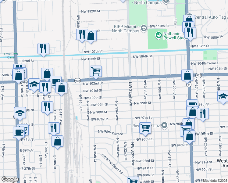 map of restaurants, bars, coffee shops, grocery stores, and more near 3310 Northwest 101st Street in Miami
