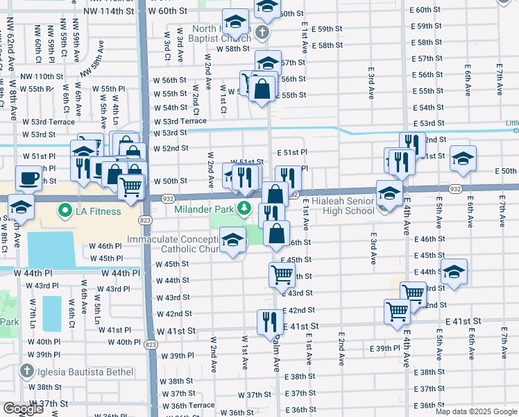 map of restaurants, bars, coffee shops, grocery stores, and more near 4840 Palm Avenue in Hialeah