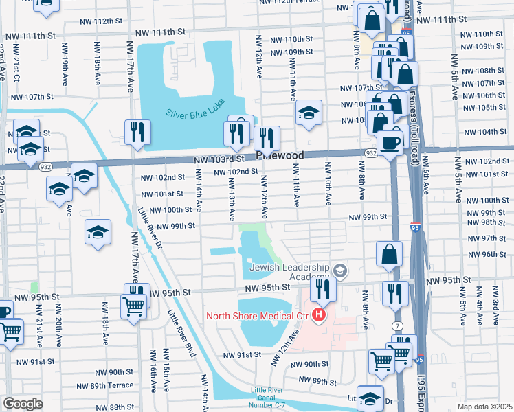 map of restaurants, bars, coffee shops, grocery stores, and more near 1217 Northwest 100th Street in Miami