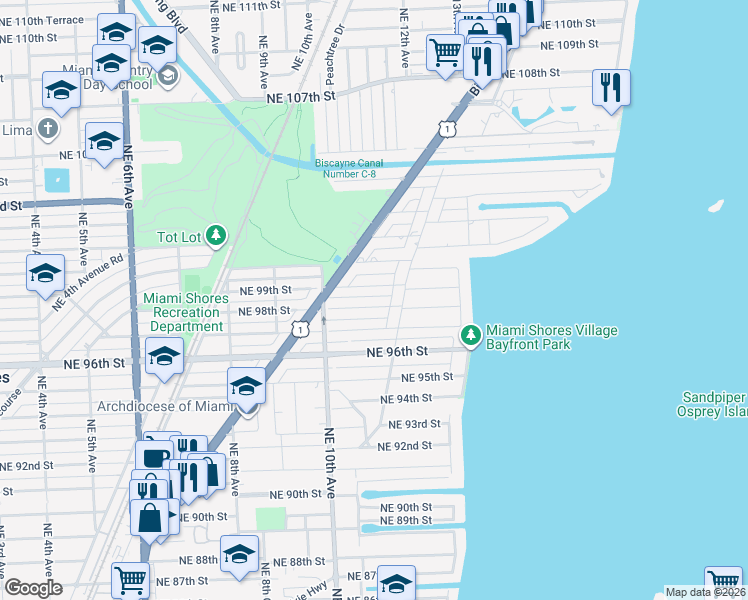 map of restaurants, bars, coffee shops, grocery stores, and more near 1143 Northeast 98th Street in Miami Shores