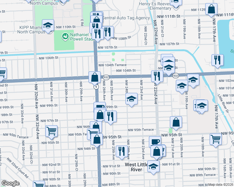 map of restaurants, bars, coffee shops, grocery stores, and more near 2465 Northwest 100th Street in Miami