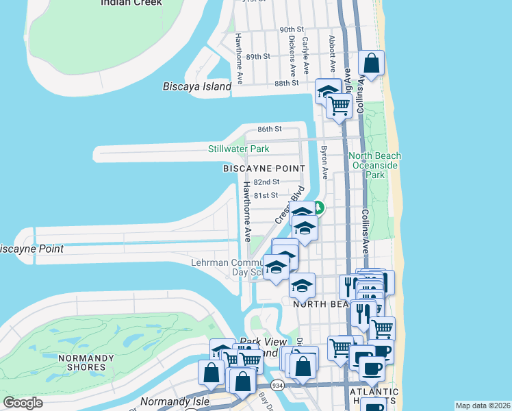 map of restaurants, bars, coffee shops, grocery stores, and more near 903 80th Street in Miami Beach