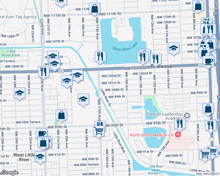 map of restaurants, bars, coffee shops, grocery stores, and more near 1517 Northwest 100th Street in Miami