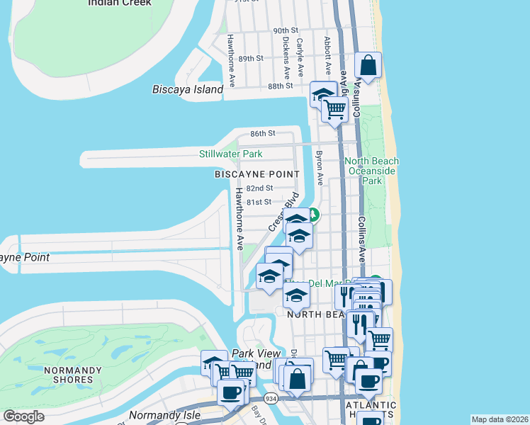 map of restaurants, bars, coffee shops, grocery stores, and more near 851 80th Street in Miami Beach