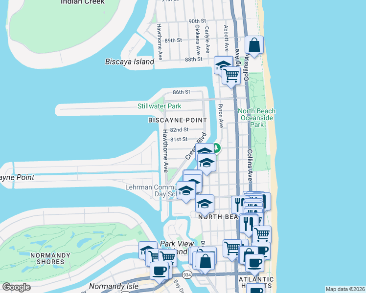 map of restaurants, bars, coffee shops, grocery stores, and more near 851 80th Street in Miami Beach