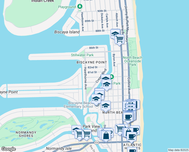 map of restaurants, bars, coffee shops, grocery stores, and more near 851 80th Street in Miami Beach