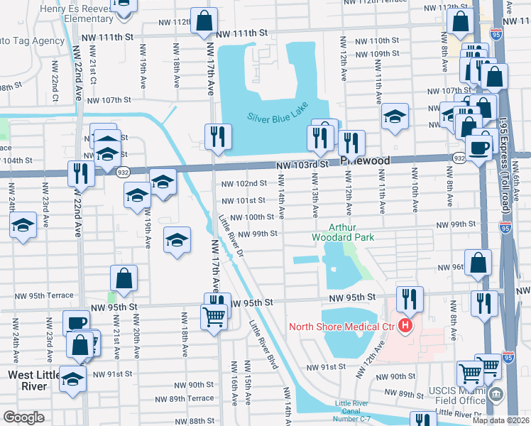 map of restaurants, bars, coffee shops, grocery stores, and more near 1447 Northwest 100th Street in Miami