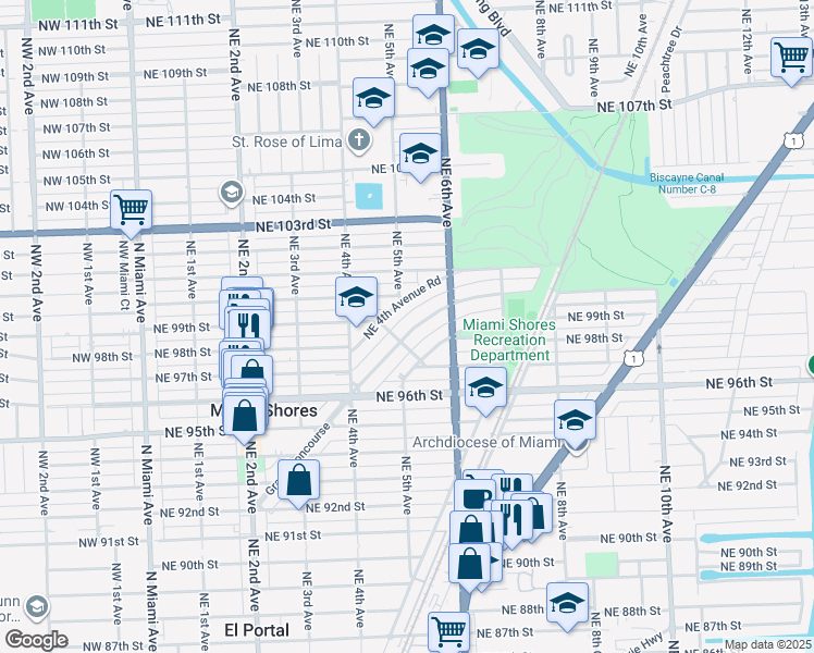 map of restaurants, bars, coffee shops, grocery stores, and more near 516 Grand Concourse in Miami Shores