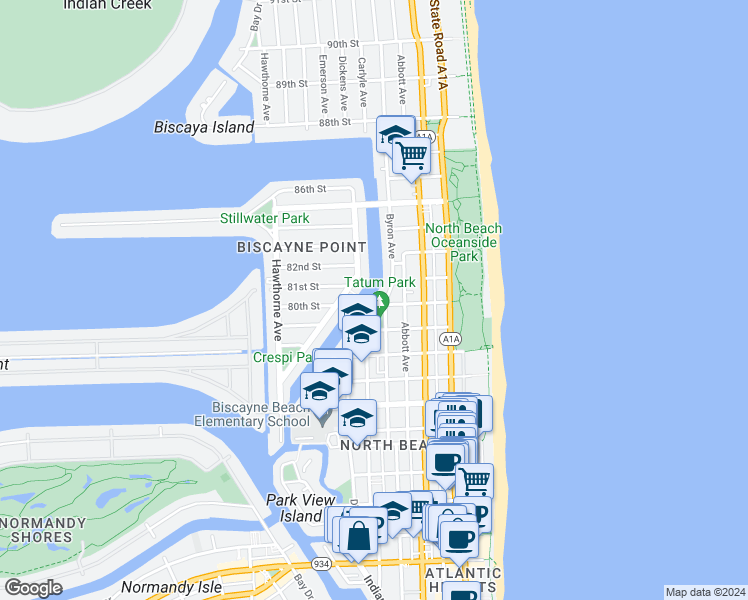 map of restaurants, bars, coffee shops, grocery stores, and more near 8080 Tatum Waterway Drive in Miami Beach