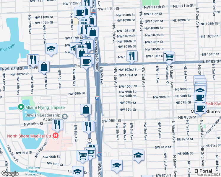 map of restaurants, bars, coffee shops, grocery stores, and more near 525 Northwest 99th Street in Miami