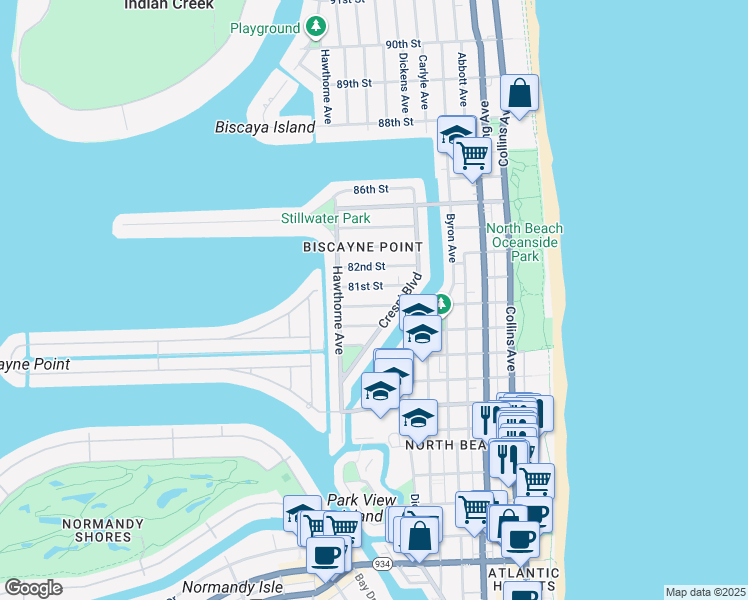 map of restaurants, bars, coffee shops, grocery stores, and more near 851 80th Street in Miami Beach
