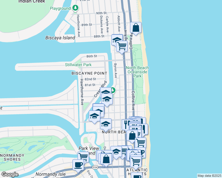 map of restaurants, bars, coffee shops, grocery stores, and more near 8080 Byron Avenue in Miami Beach