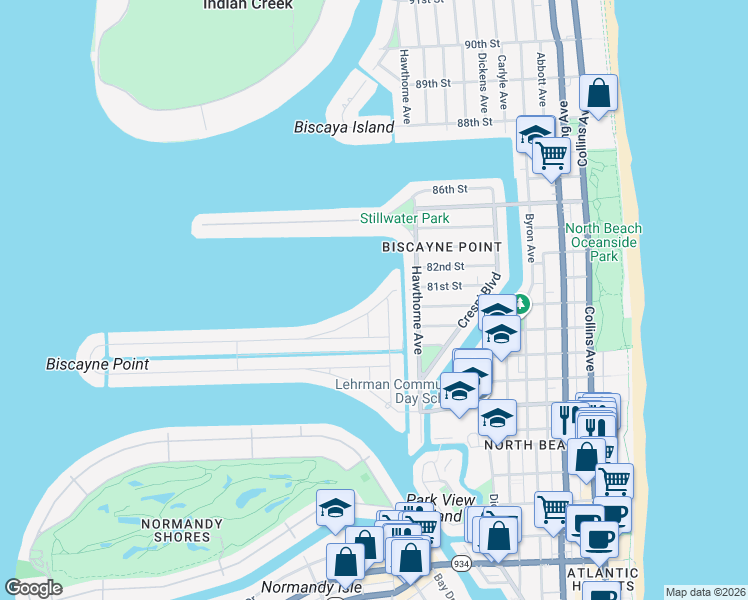 map of restaurants, bars, coffee shops, grocery stores, and more near 8060 Noremac Avenue in Miami Beach