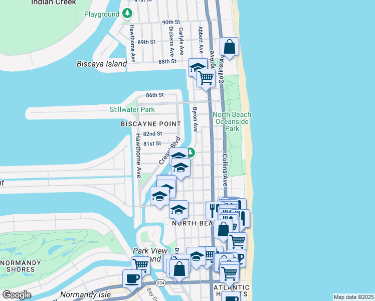 map of restaurants, bars, coffee shops, grocery stores, and more near 8080 Byron Avenue in Miami Beach
