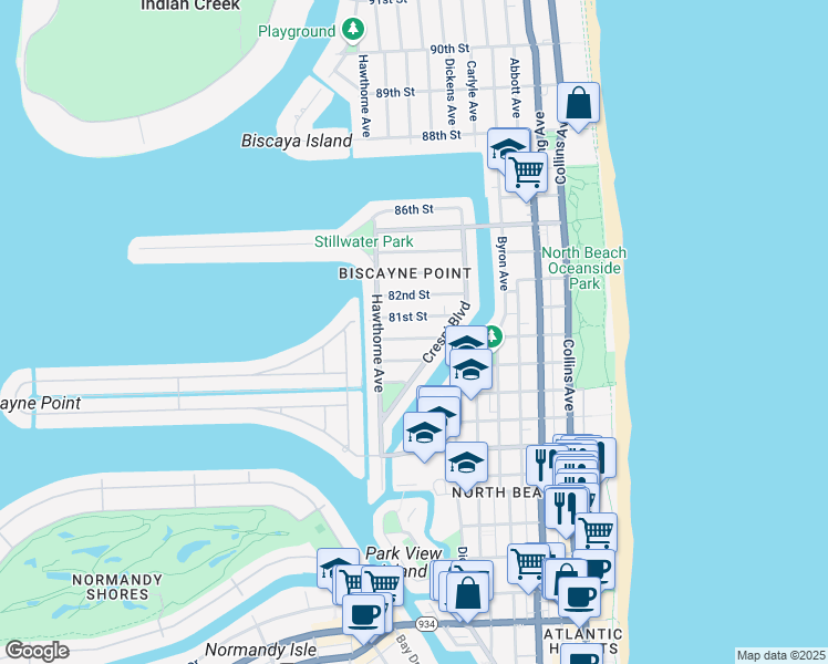 map of restaurants, bars, coffee shops, grocery stores, and more near 855 80th Street in Miami Beach