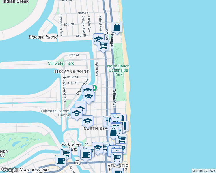 map of restaurants, bars, coffee shops, grocery stores, and more near 8040 Harding Avenue in Miami Beach