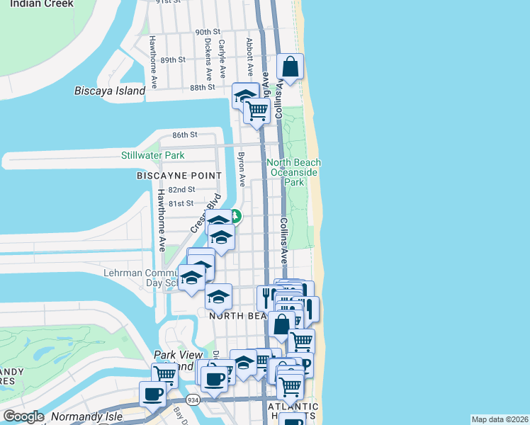 map of restaurants, bars, coffee shops, grocery stores, and more near 8040 Harding Avenue in Miami Beach