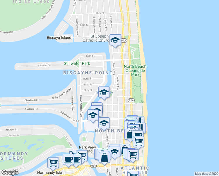 map of restaurants, bars, coffee shops, grocery stores, and more near 8080 Byron Avenue in Miami Beach