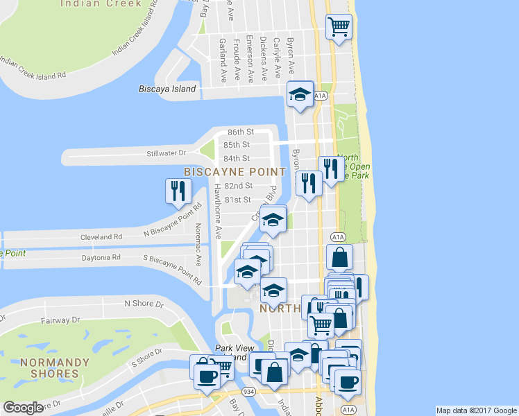 map of restaurants, bars, coffee shops, grocery stores, and more near 8021 Crespi Boulevard in Miami Beach