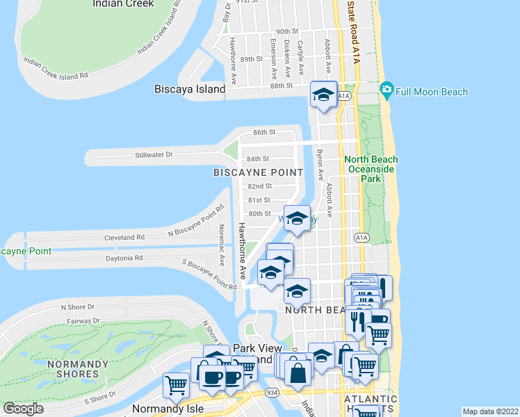 map of restaurants, bars, coffee shops, grocery stores, and more near 851 80th Street in Miami Beach