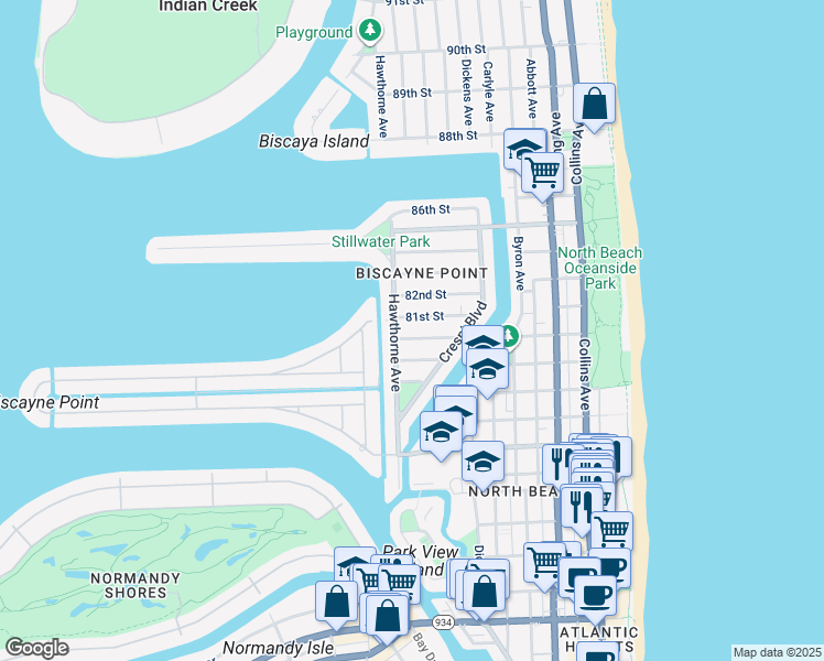 map of restaurants, bars, coffee shops, grocery stores, and more near in Miami Beach