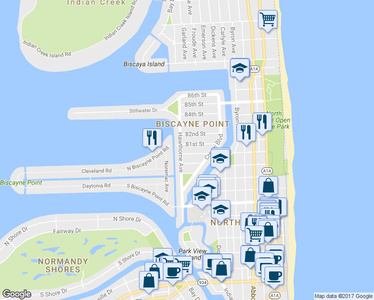 map of restaurants, bars, coffee shops, grocery stores, and more near in Miami Beach