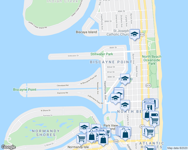 map of restaurants, bars, coffee shops, grocery stores, and more near 8060 Noremac Avenue in Miami Beach