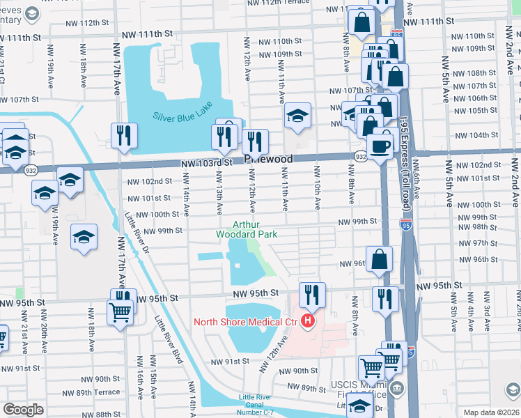 map of restaurants, bars, coffee shops, grocery stores, and more near 1150 Northwest 100th Street in Miami