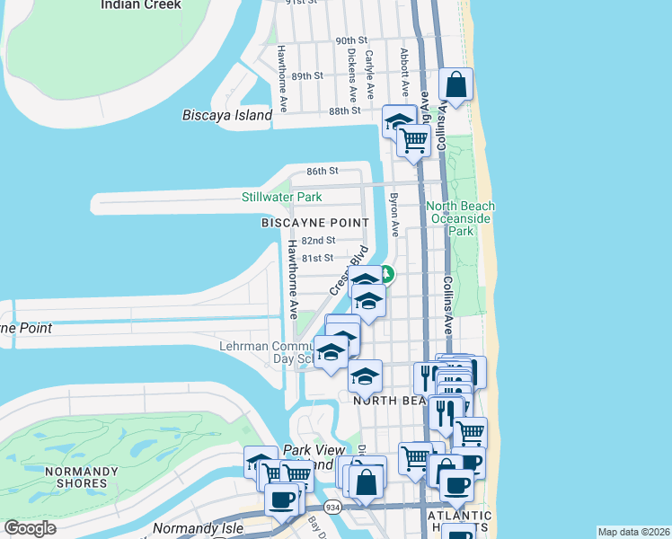 map of restaurants, bars, coffee shops, grocery stores, and more near 825 80th Street in Miami Beach