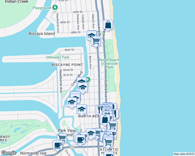 map of restaurants, bars, coffee shops, grocery stores, and more near 8040 Harding Avenue in Miami Beach