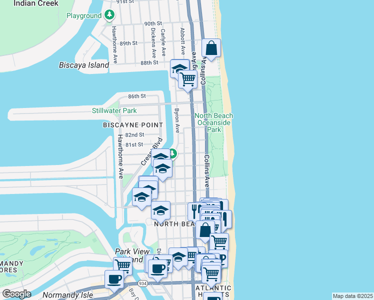 map of restaurants, bars, coffee shops, grocery stores, and more near 8040 Harding Avenue in Miami Beach