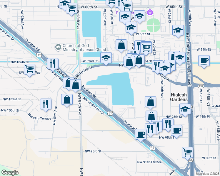 map of restaurants, bars, coffee shops, grocery stores, and more near 9915 West Okeechobee Road in Hialeah