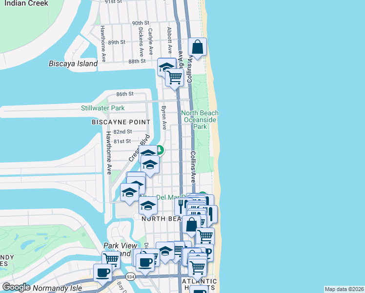 map of restaurants, bars, coffee shops, grocery stores, and more near 8040 Harding Avenue in Miami Beach