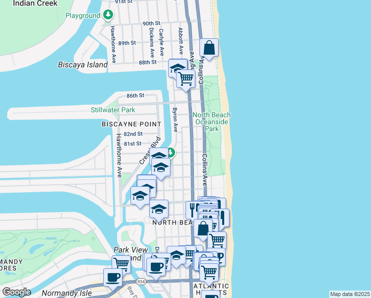 map of restaurants, bars, coffee shops, grocery stores, and more near 8040 Harding Avenue in Miami Beach