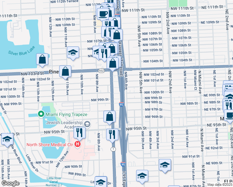 map of restaurants, bars, coffee shops, grocery stores, and more near 9919 Northwest 7th Avenue in Miami