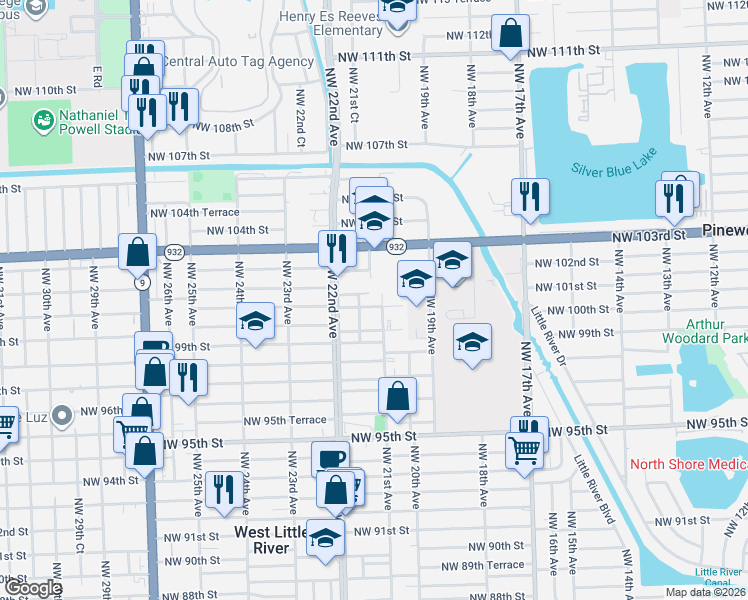 map of restaurants, bars, coffee shops, grocery stores, and more near 2042 Northwest 100th Street in Miami