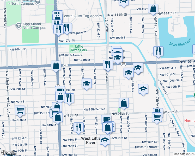 map of restaurants, bars, coffee shops, grocery stores, and more near 2304 Northwest 100th Street in Miami