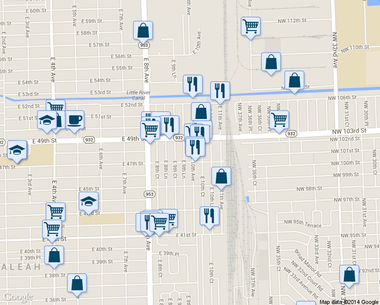 map of restaurants, bars, coffee shops, grocery stores, and more near 4737 East 9th Lane in Hialeah