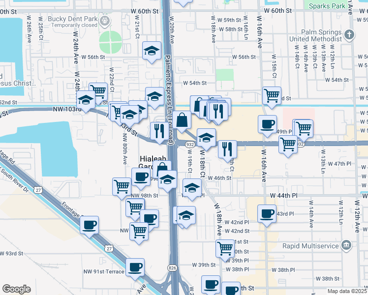 map of restaurants, bars, coffee shops, grocery stores, and more near W 20th Ave in Hialeah