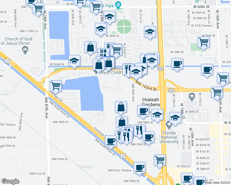 map of restaurants, bars, coffee shops, grocery stores, and more near 197 Northwest 80th Court in Hialeah Gardens