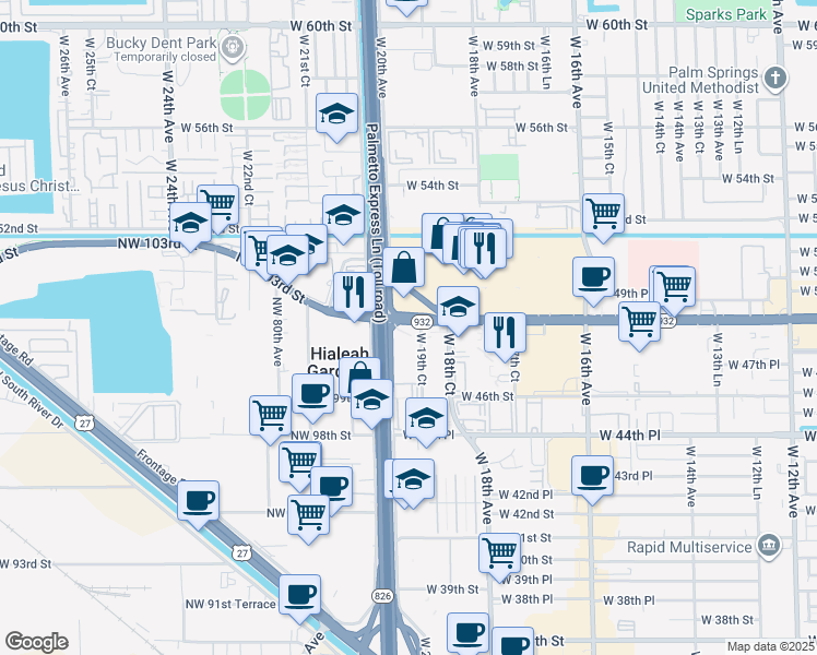 map of restaurants, bars, coffee shops, grocery stores, and more near W 20th Ave in Hialeah