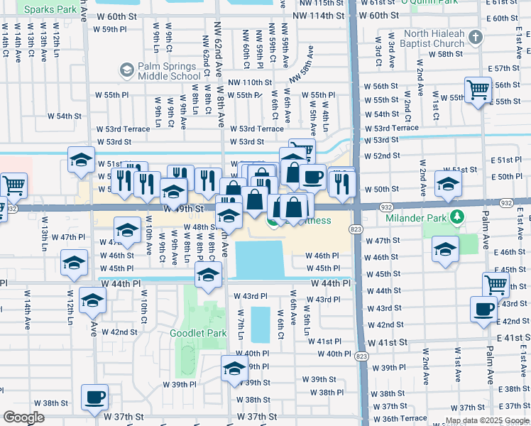 map of restaurants, bars, coffee shops, grocery stores, and more near 680 West 49th Street in Hialeah