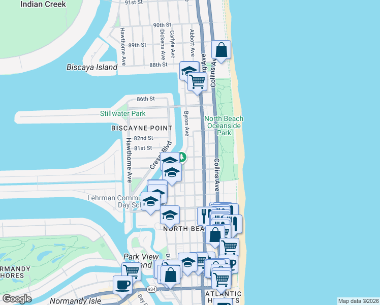 map of restaurants, bars, coffee shops, grocery stores, and more near 8101 Byron Avenue in Miami Beach